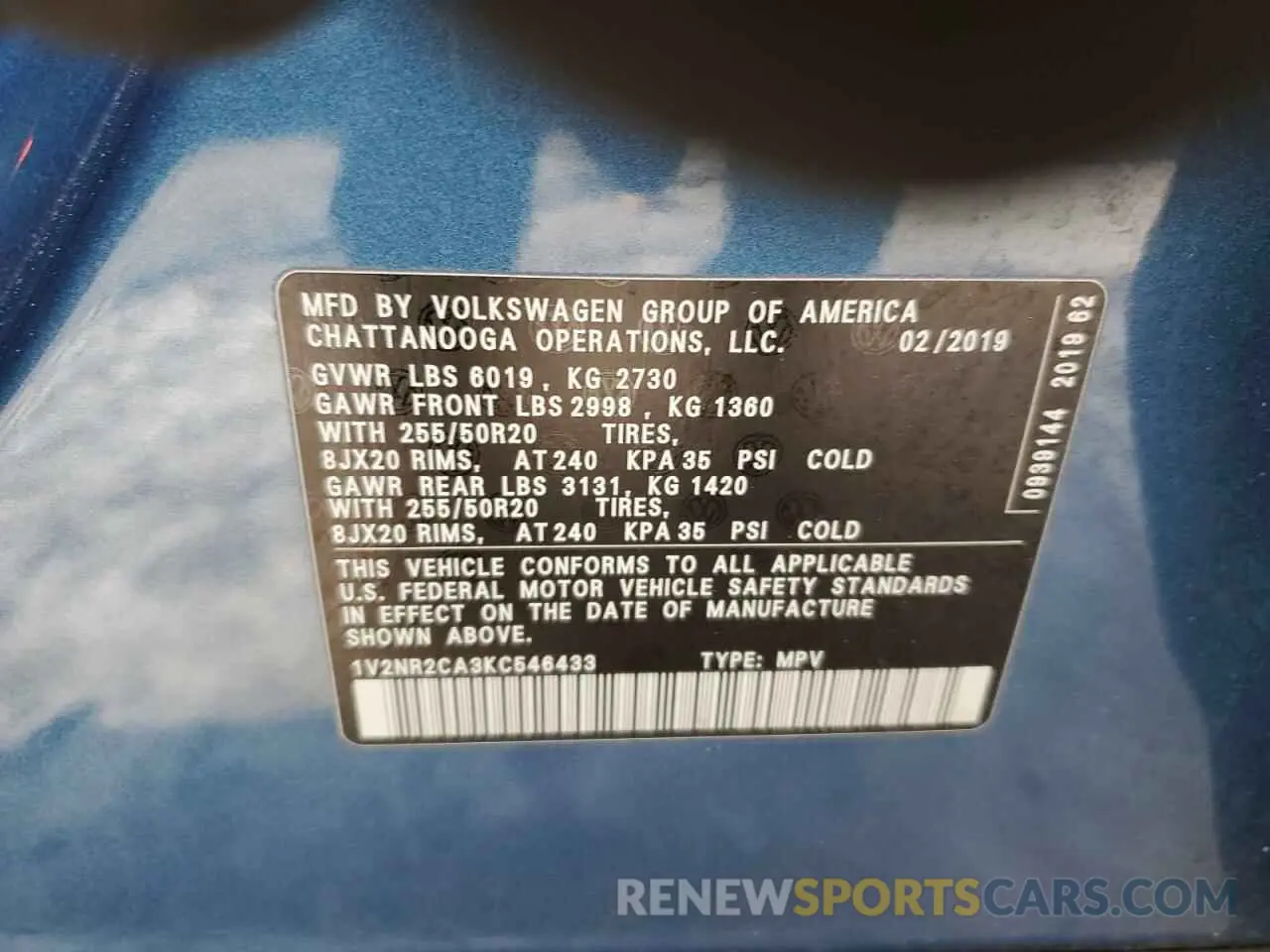 13 Photograph of a damaged car 1V2NR2CA3KC546433 VOLKSWAGEN ATLAS 2019