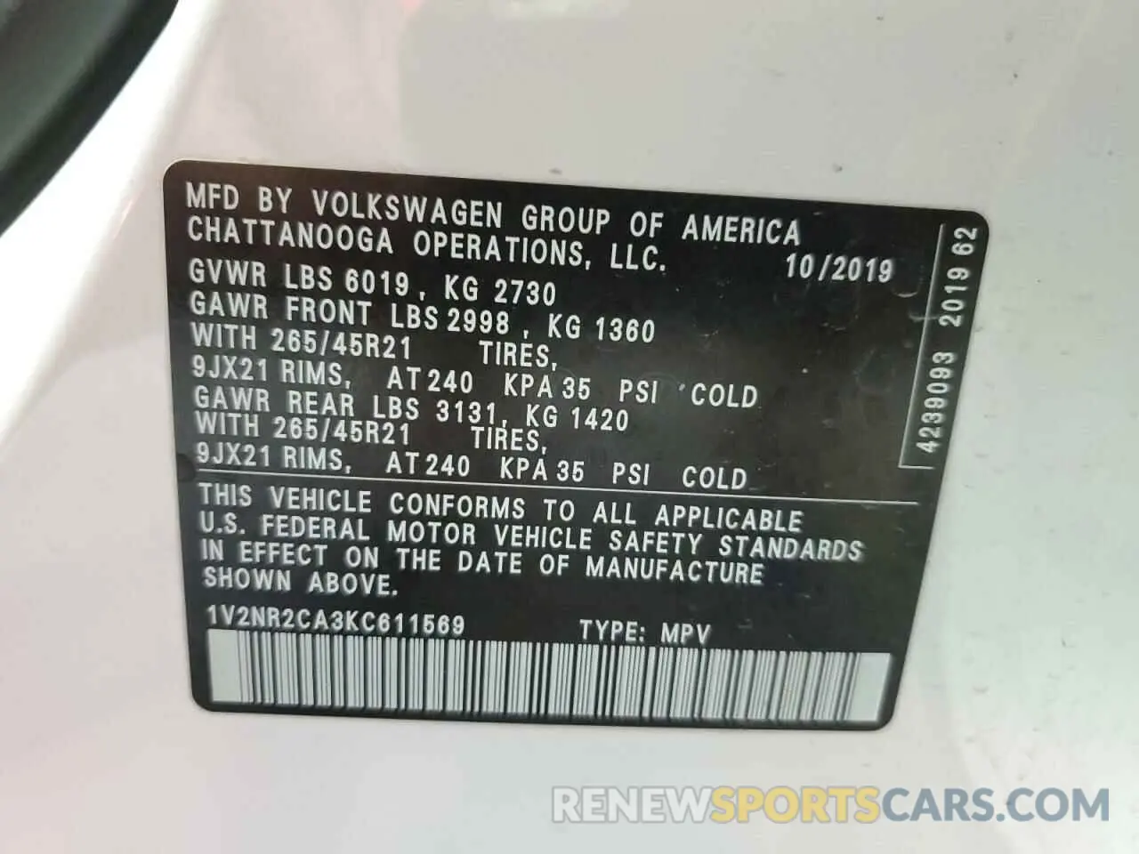 13 Photograph of a damaged car 1V2NR2CA3KC611569 VOLKSWAGEN ATLAS 2019