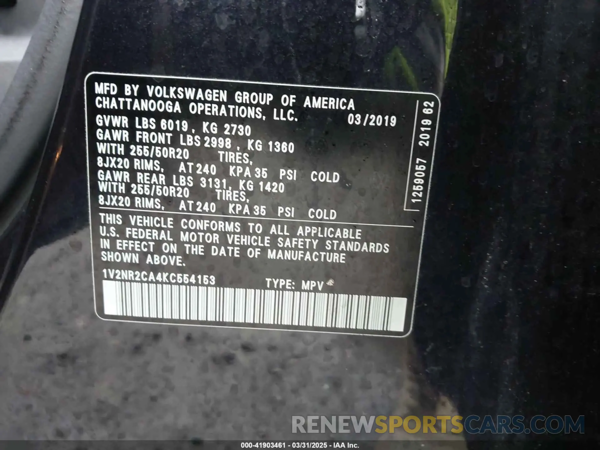 9 Photograph of a damaged car 1V2NR2CA4KC554153 VOLKSWAGEN ATLAS 2019