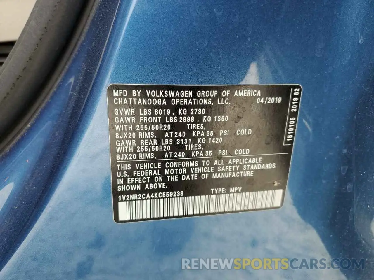 13 Photograph of a damaged car 1V2NR2CA4KC559238 VOLKSWAGEN ATLAS 2019