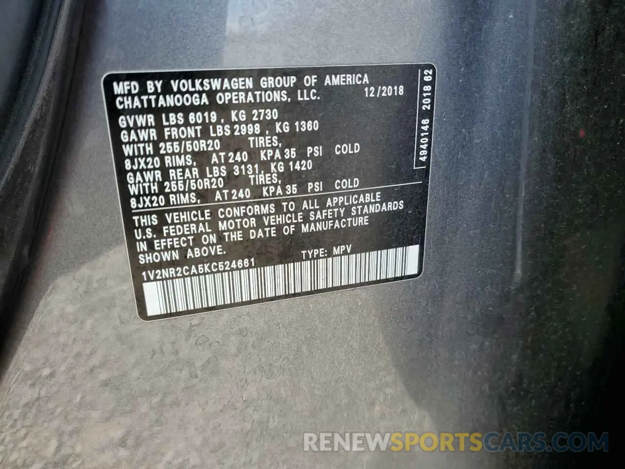 13 Photograph of a damaged car 1V2NR2CA5KC524661 VOLKSWAGEN ATLAS 2019