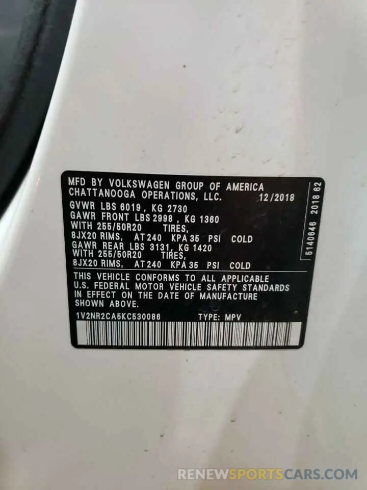 12 Photograph of a damaged car 1V2NR2CA5KC530086 VOLKSWAGEN ATLAS 2019