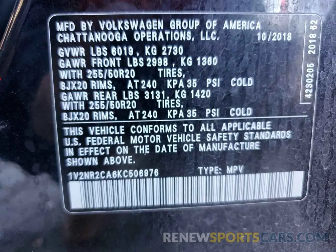 16 Photograph of a damaged car 1V2NR2CA6KC506976 VOLKSWAGEN ATLAS 2019