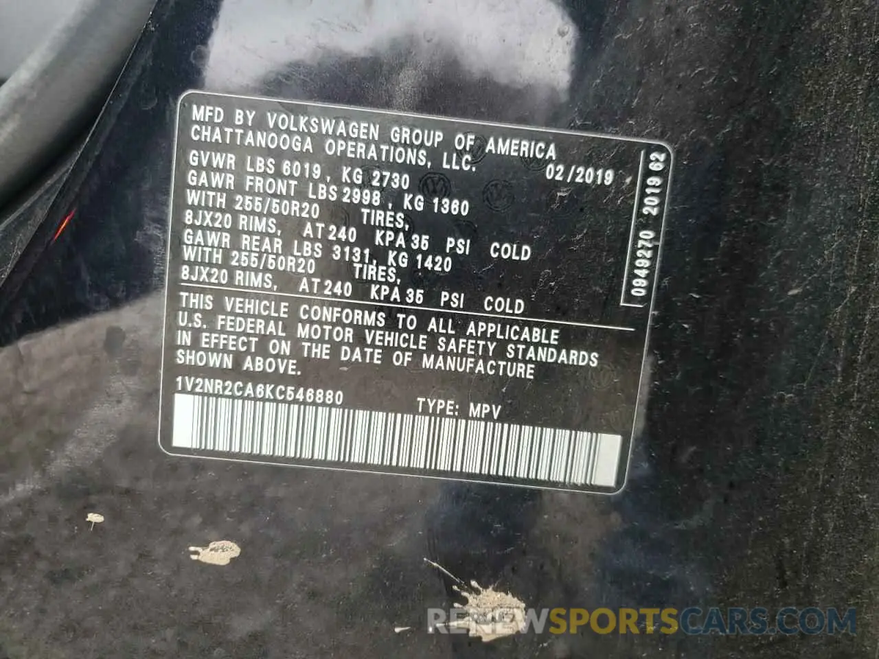 14 Photograph of a damaged car 1V2NR2CA6KC546880 VOLKSWAGEN ATLAS 2019