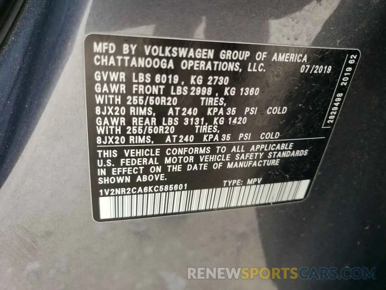 13 Photograph of a damaged car 1V2NR2CA6KC585601 VOLKSWAGEN ATLAS 2019