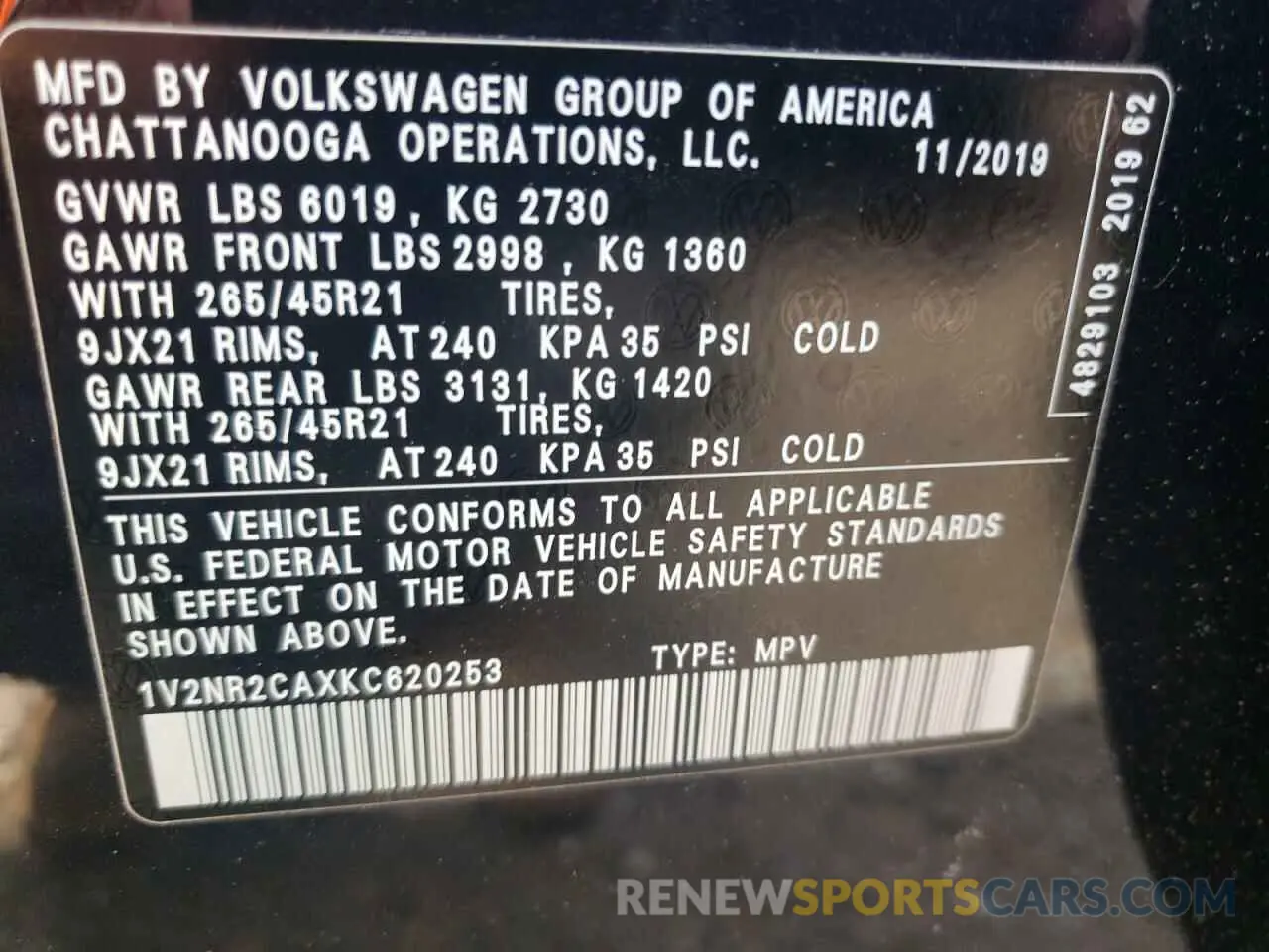 13 Photograph of a damaged car 1V2NR2CAXKC620253 VOLKSWAGEN ATLAS 2019
