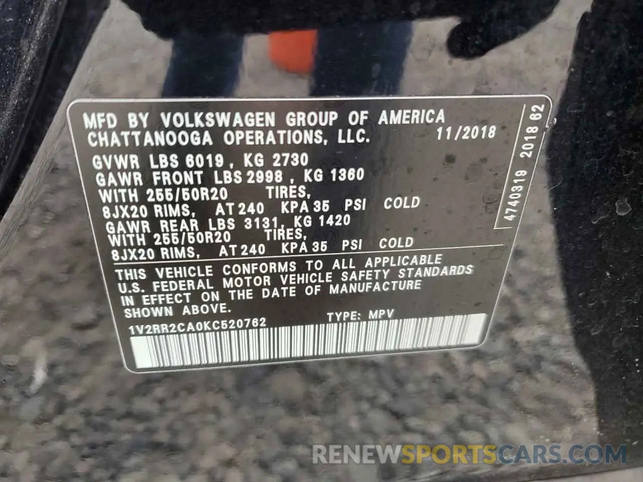 13 Photograph of a damaged car 1V2RR2CA0KC520762 VOLKSWAGEN ATLAS 2019