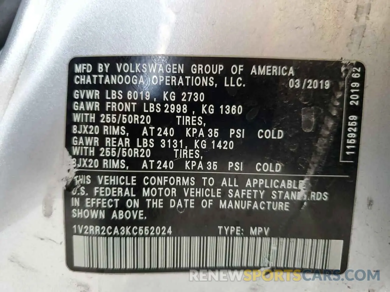13 Photograph of a damaged car 1V2RR2CA3KC552024 VOLKSWAGEN ATLAS 2019