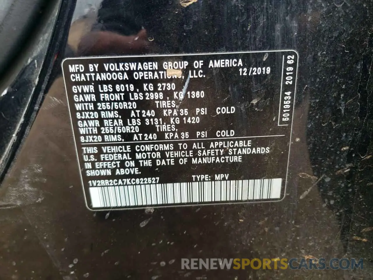 13 Photograph of a damaged car 1V2RR2CA7KC622527 VOLKSWAGEN ATLAS 2019