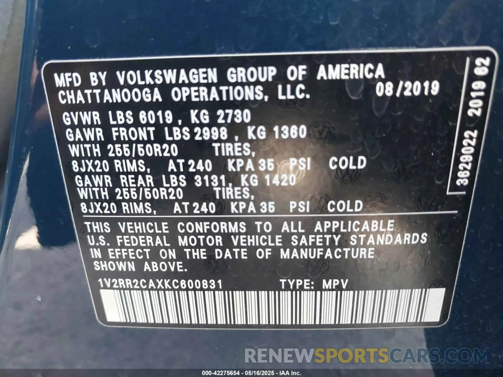 9 Photograph of a damaged car 1V2RR2CAXKC600831 VOLKSWAGEN ATLAS 2019