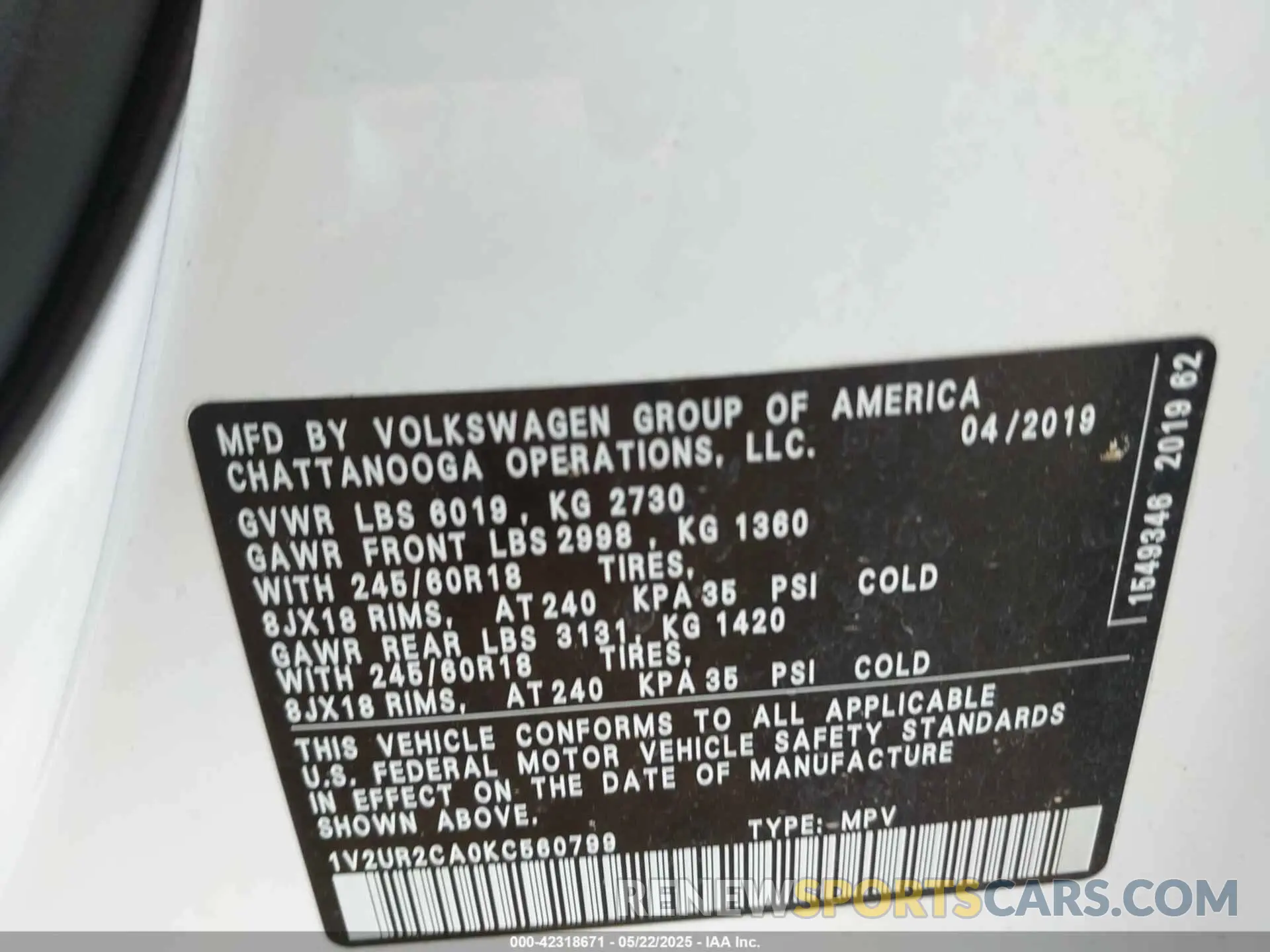9 Photograph of a damaged car 1V2UR2CA0KC560799 VOLKSWAGEN ATLAS 2019