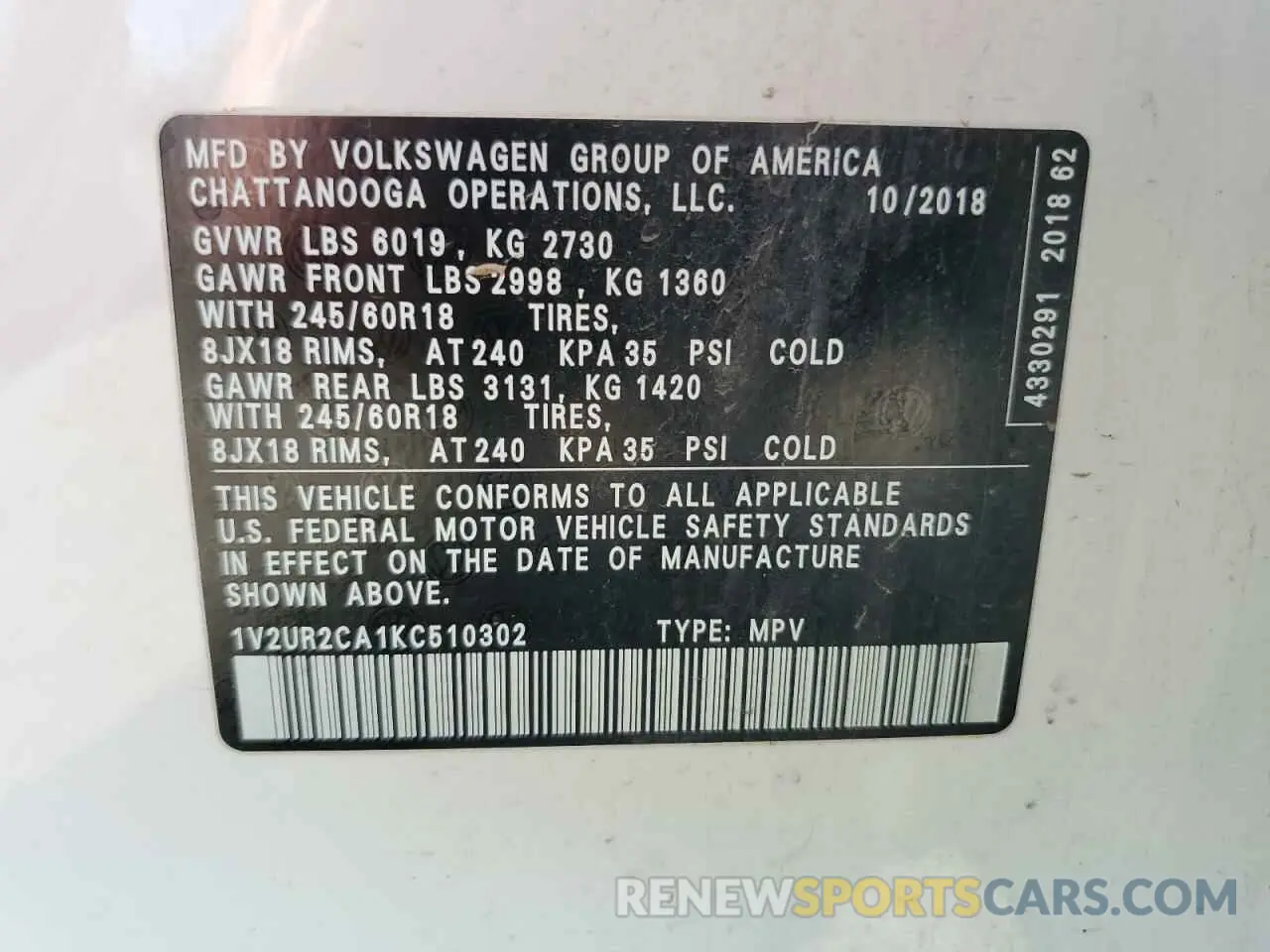 15 Photograph of a damaged car 1V2UR2CA1KC510302 VOLKSWAGEN ATLAS 2019