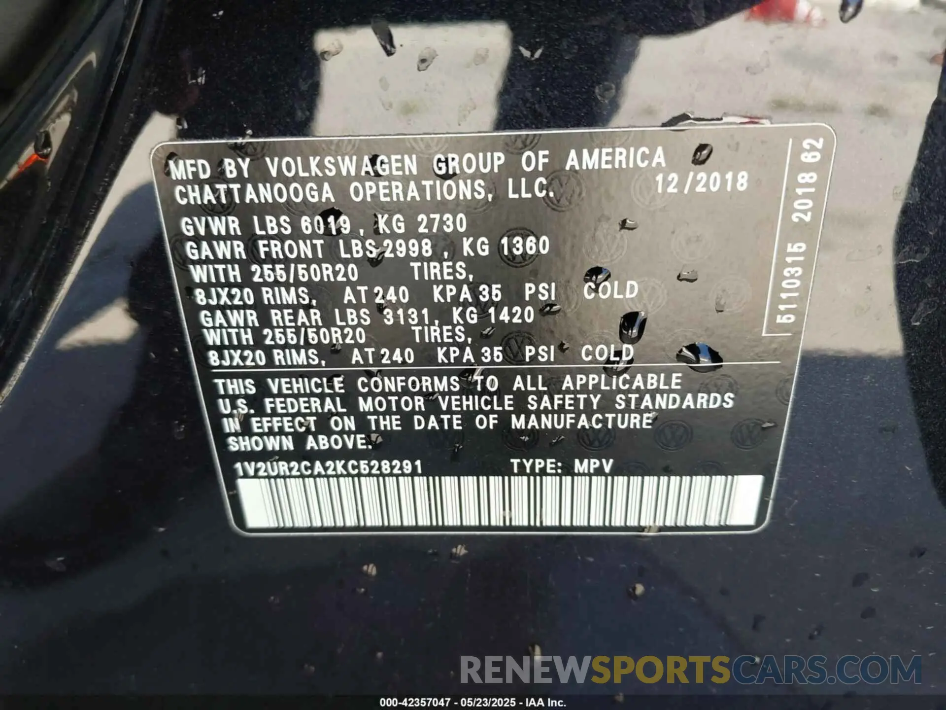 9 Photograph of a damaged car 1V2UR2CA2KC528291 VOLKSWAGEN ATLAS 2019
