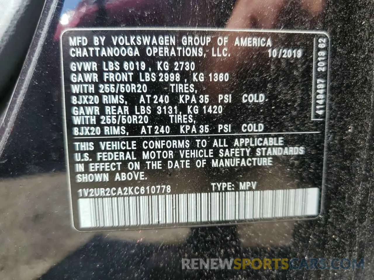 13 Photograph of a damaged car 1V2UR2CA2KC610778 VOLKSWAGEN ATLAS 2019
