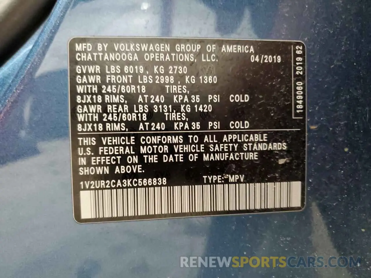 14 Photograph of a damaged car 1V2UR2CA3KC566838 VOLKSWAGEN ATLAS 2019