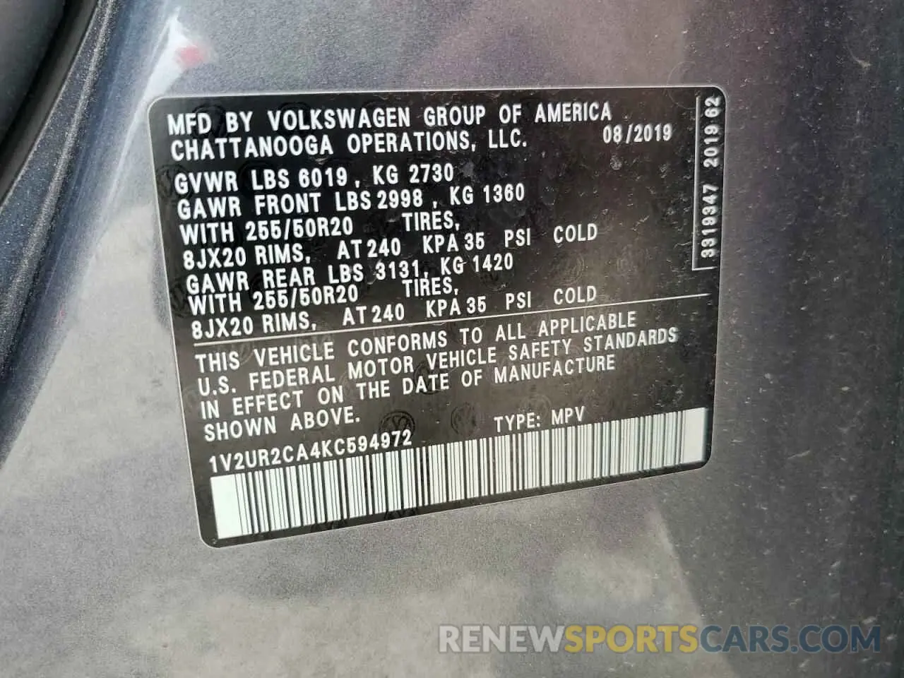 13 Photograph of a damaged car 1V2UR2CA4KC594972 VOLKSWAGEN ATLAS 2019