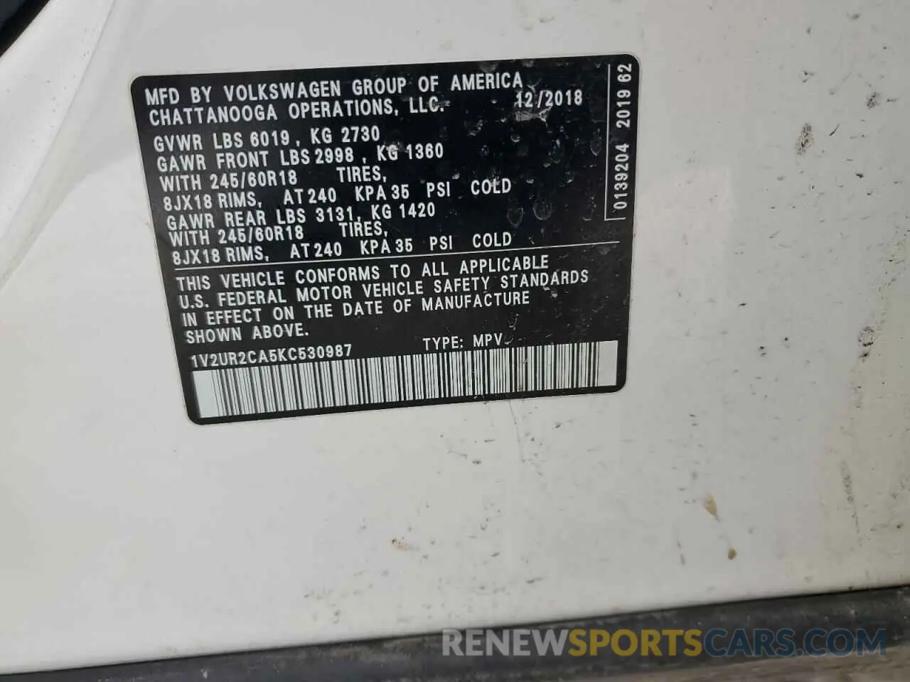 14 Photograph of a damaged car 1V2UR2CA5KC530987 VOLKSWAGEN ATLAS 2019