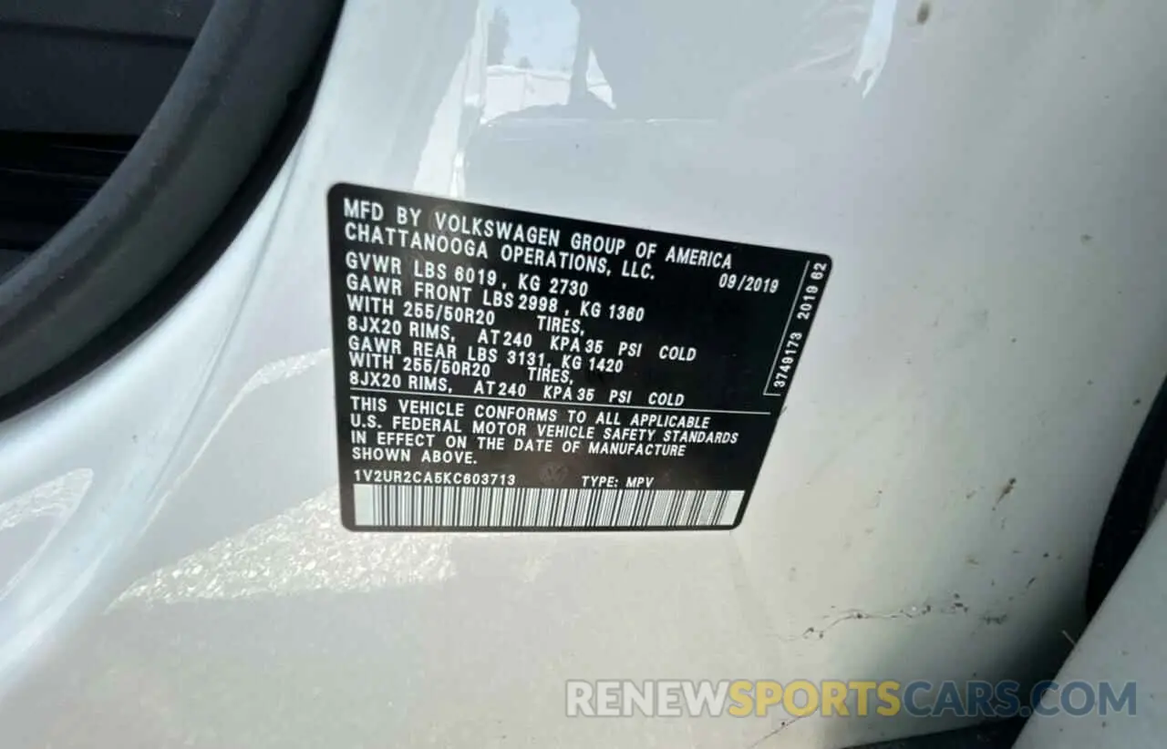 10 Photograph of a damaged car 1V2UR2CA5KC603713 VOLKSWAGEN ATLAS 2019