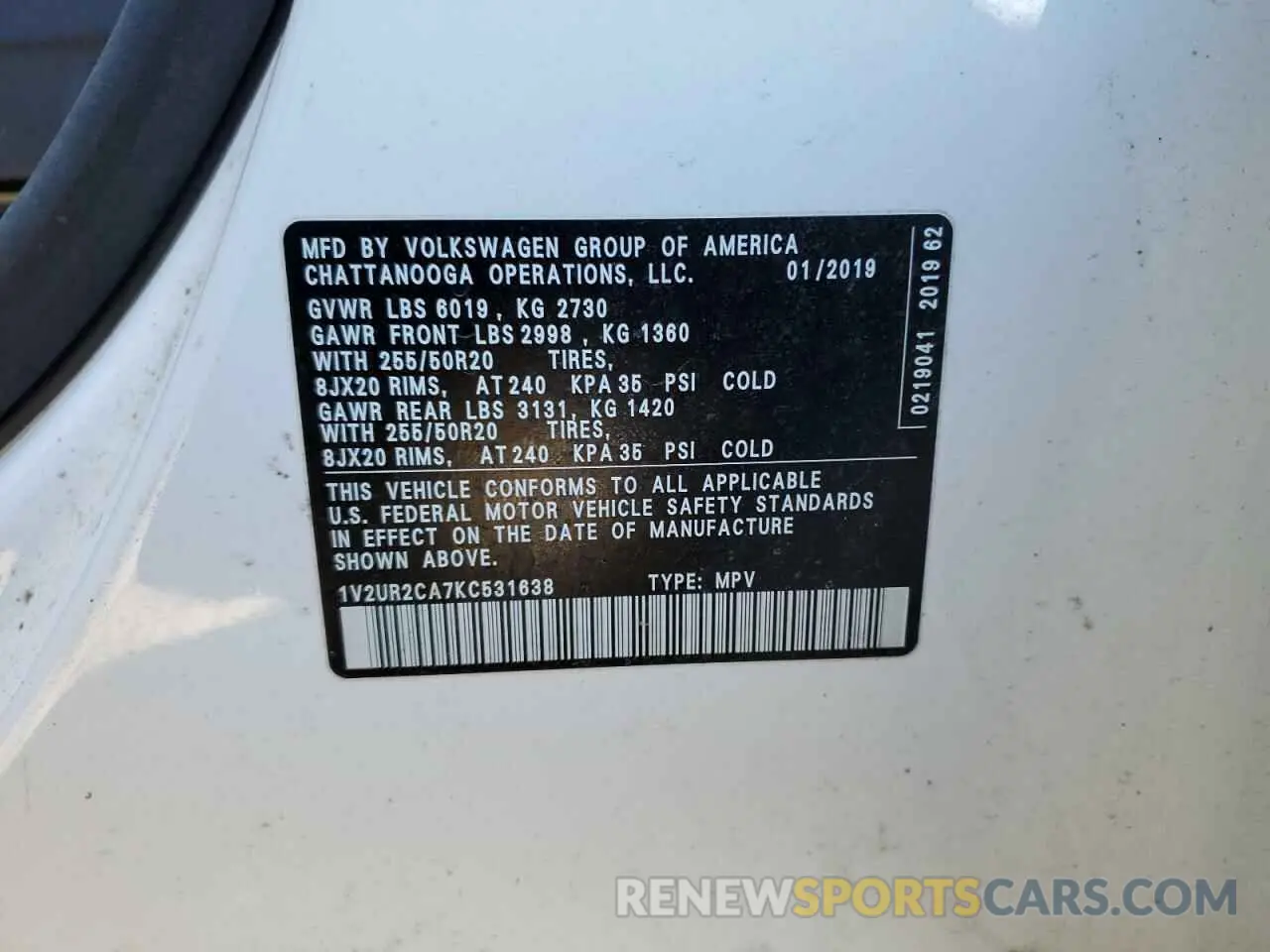 13 Photograph of a damaged car 1V2UR2CA7KC531638 VOLKSWAGEN ATLAS 2019