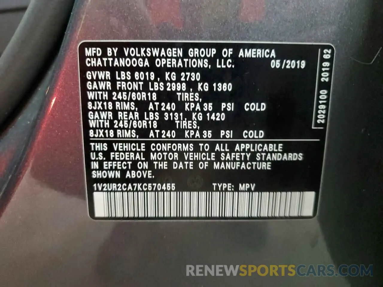 13 Photograph of a damaged car 1V2UR2CA7KC570455 VOLKSWAGEN ATLAS 2019