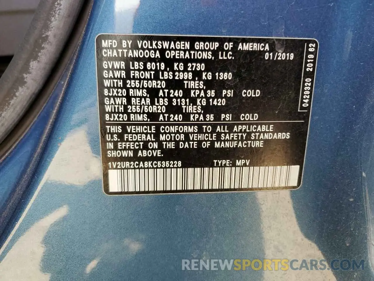 13 Photograph of a damaged car 1V2UR2CA8KC535228 VOLKSWAGEN ATLAS 2019