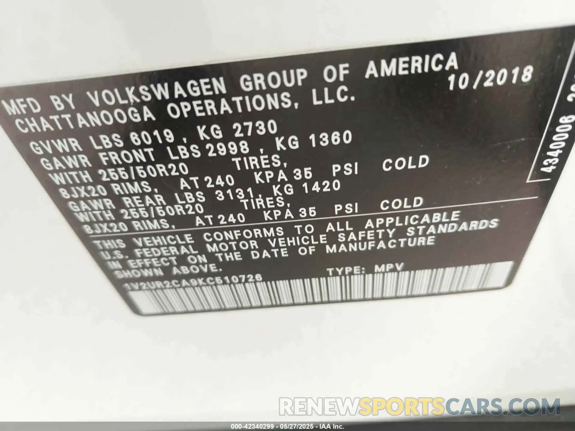 9 Photograph of a damaged car 1V2UR2CA9KC510726 VOLKSWAGEN ATLAS 2019