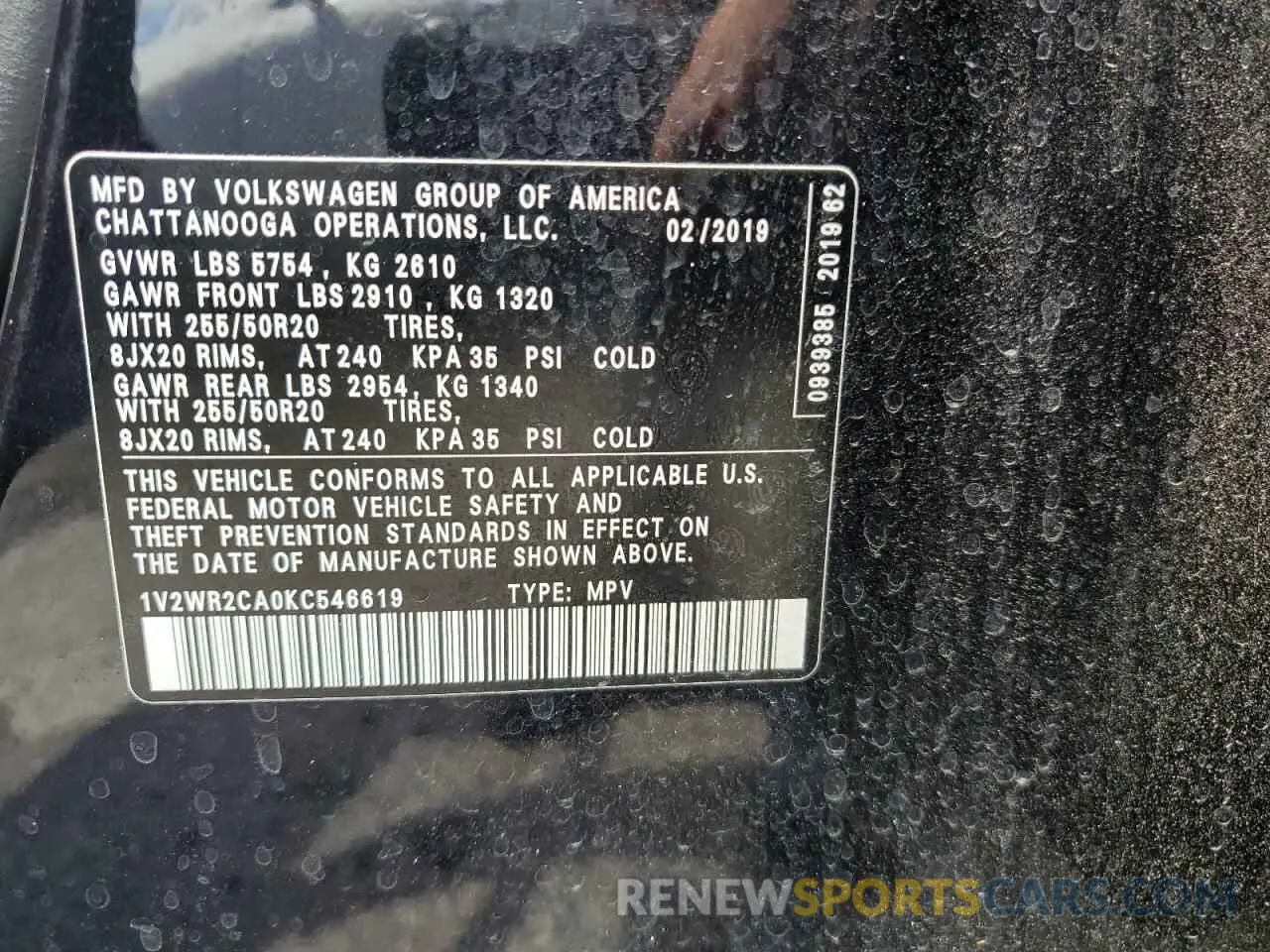 13 Photograph of a damaged car 1V2WR2CA0KC546619 VOLKSWAGEN ATLAS 2019
