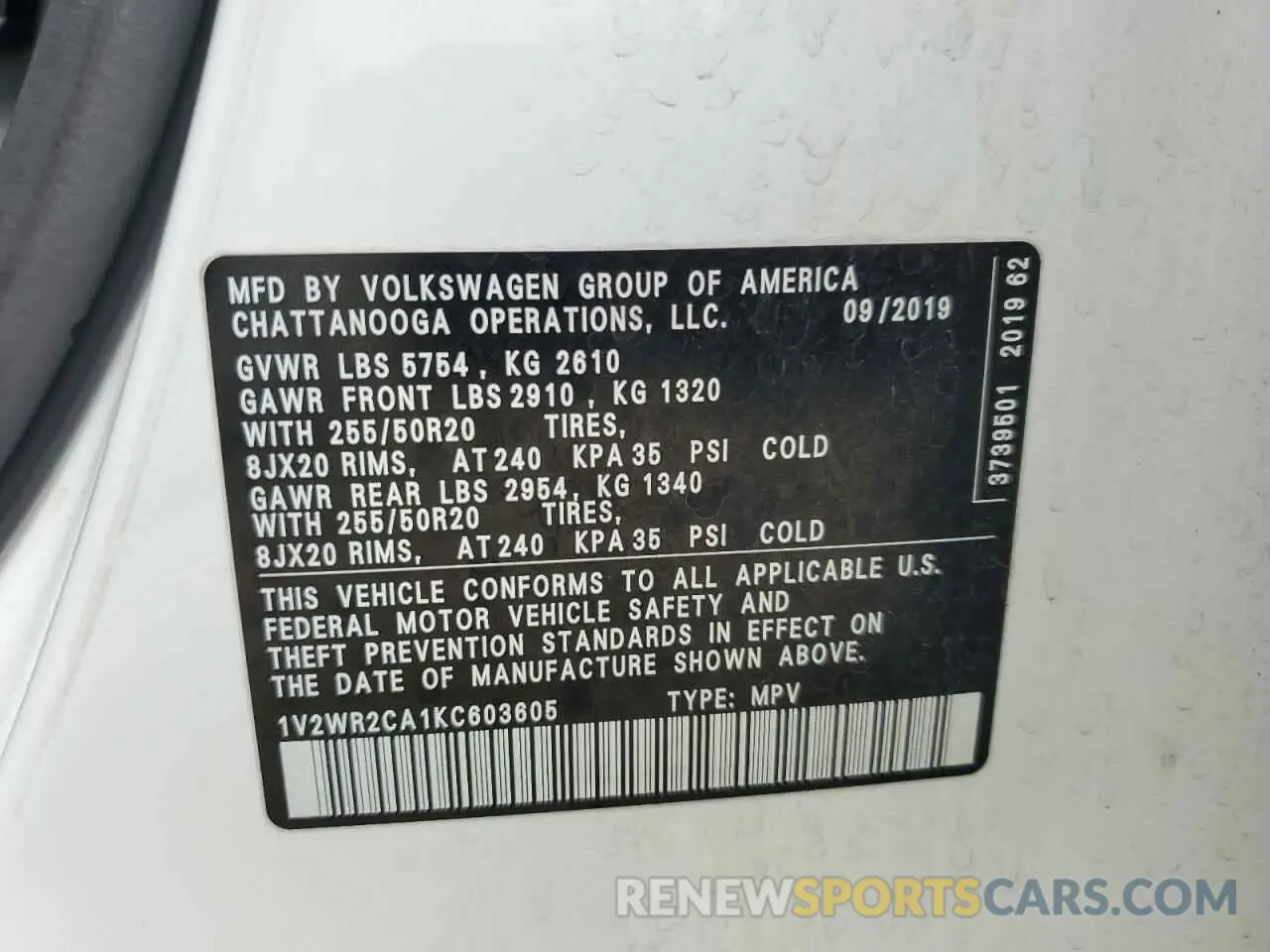12 Photograph of a damaged car 1V2WR2CA1KC603605 VOLKSWAGEN ATLAS 2019