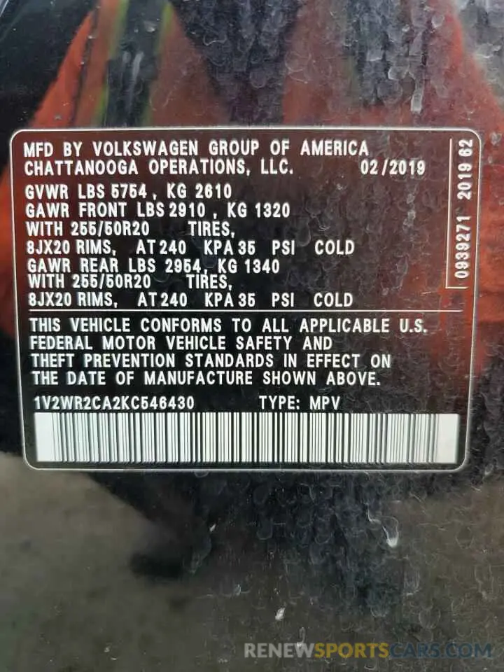 13 Photograph of a damaged car 1V2WR2CA2KC546430 VOLKSWAGEN ATLAS 2019