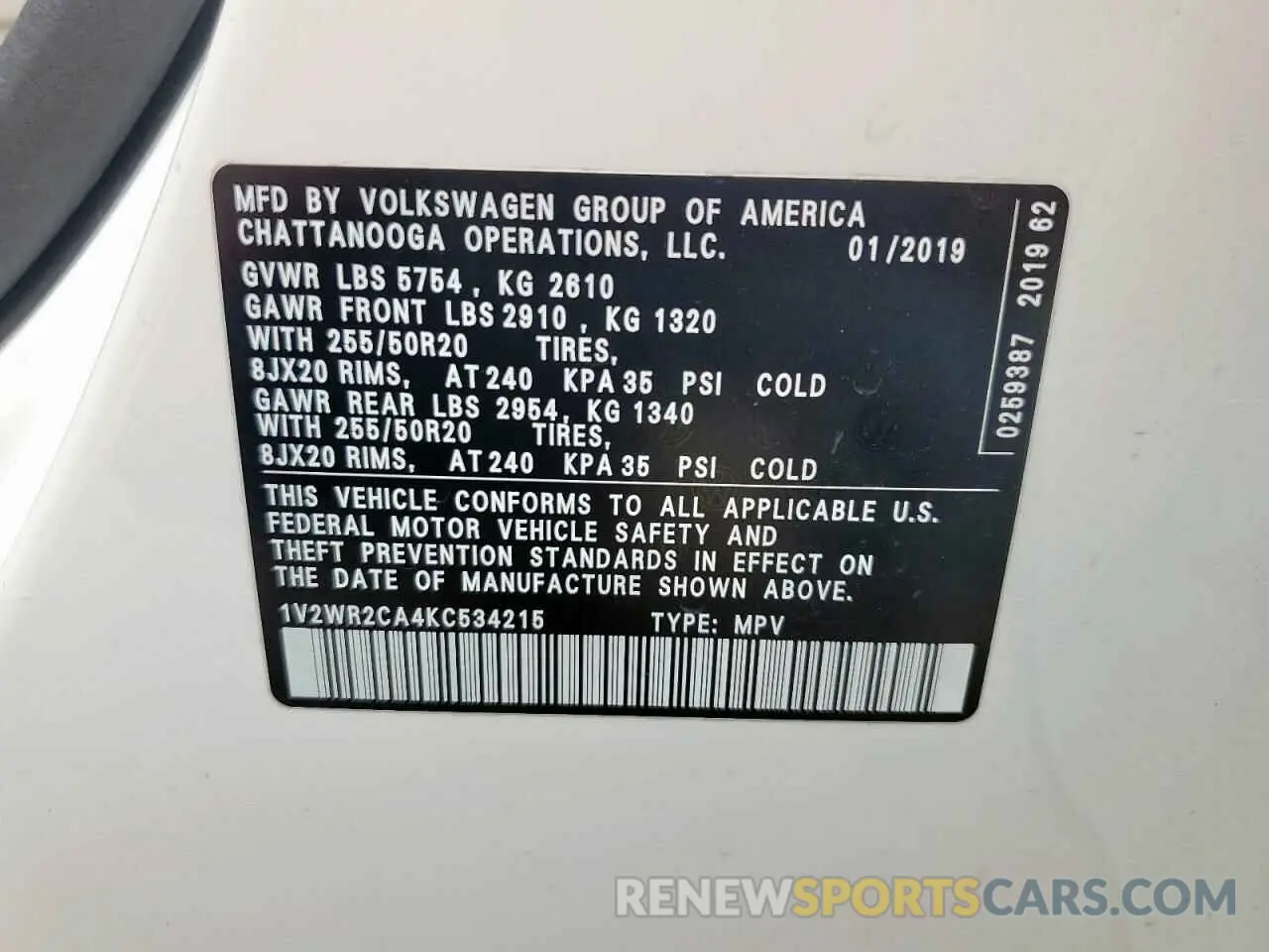 14 Photograph of a damaged car 1V2WR2CA4KC534215 VOLKSWAGEN ATLAS 2019