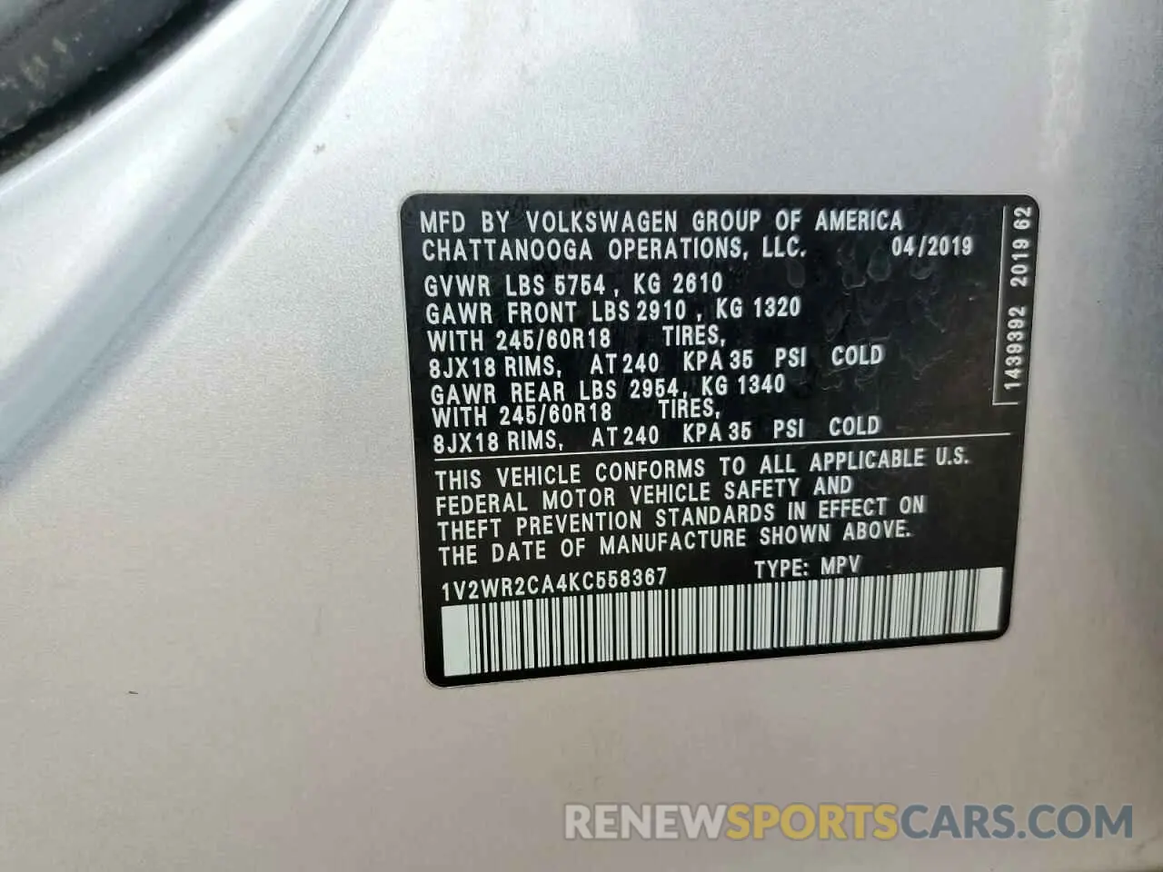 13 Photograph of a damaged car 1V2WR2CA4KC558367 VOLKSWAGEN ATLAS 2019