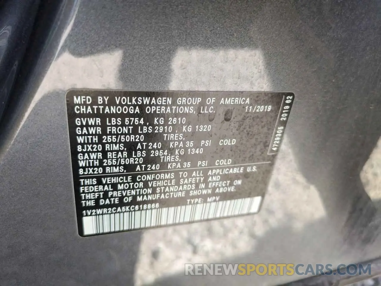 14 Photograph of a damaged car 1V2WR2CA5KC618866 VOLKSWAGEN ATLAS 2019