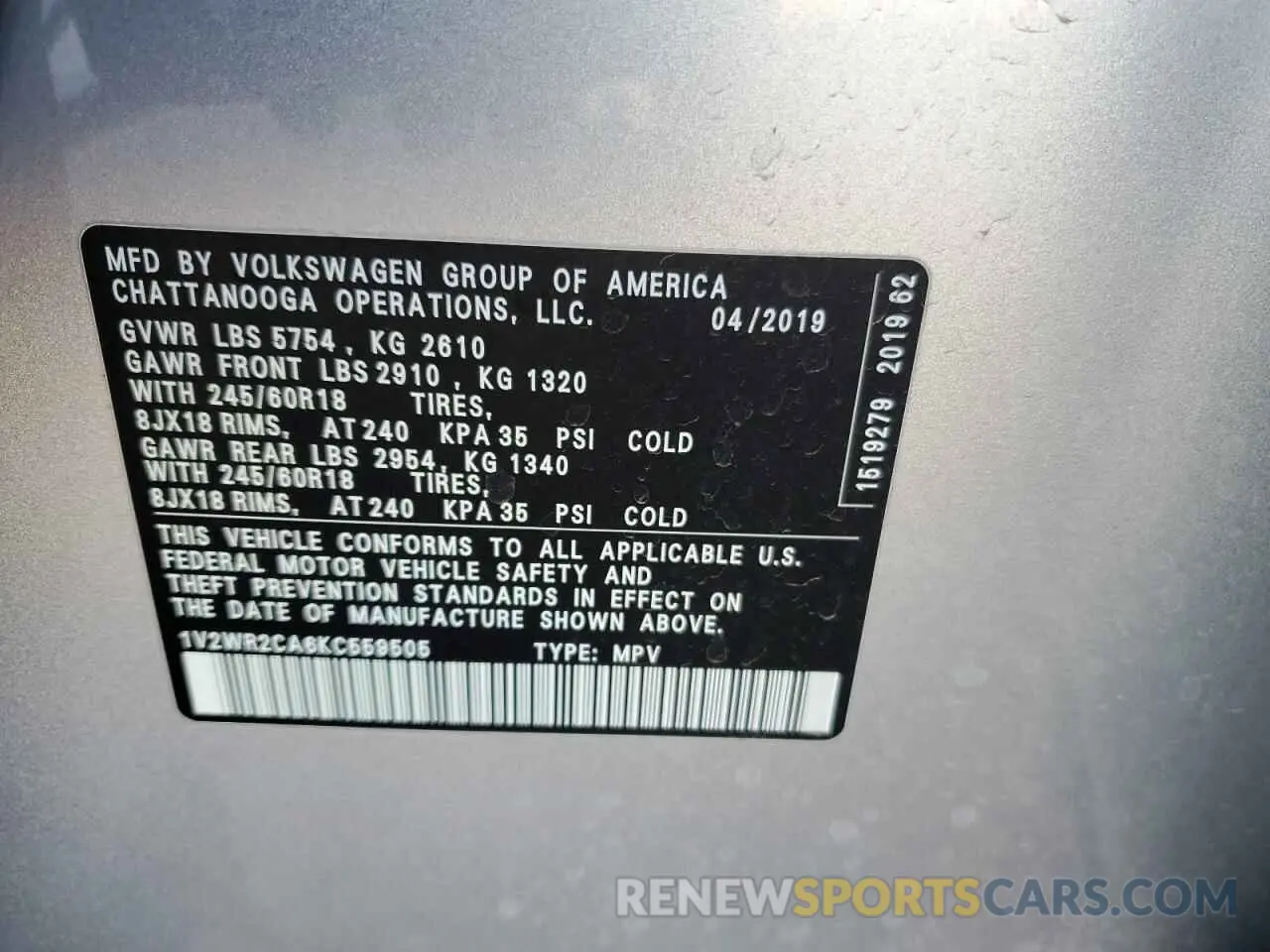 13 Photograph of a damaged car 1V2WR2CA6KC559505 VOLKSWAGEN ATLAS 2019