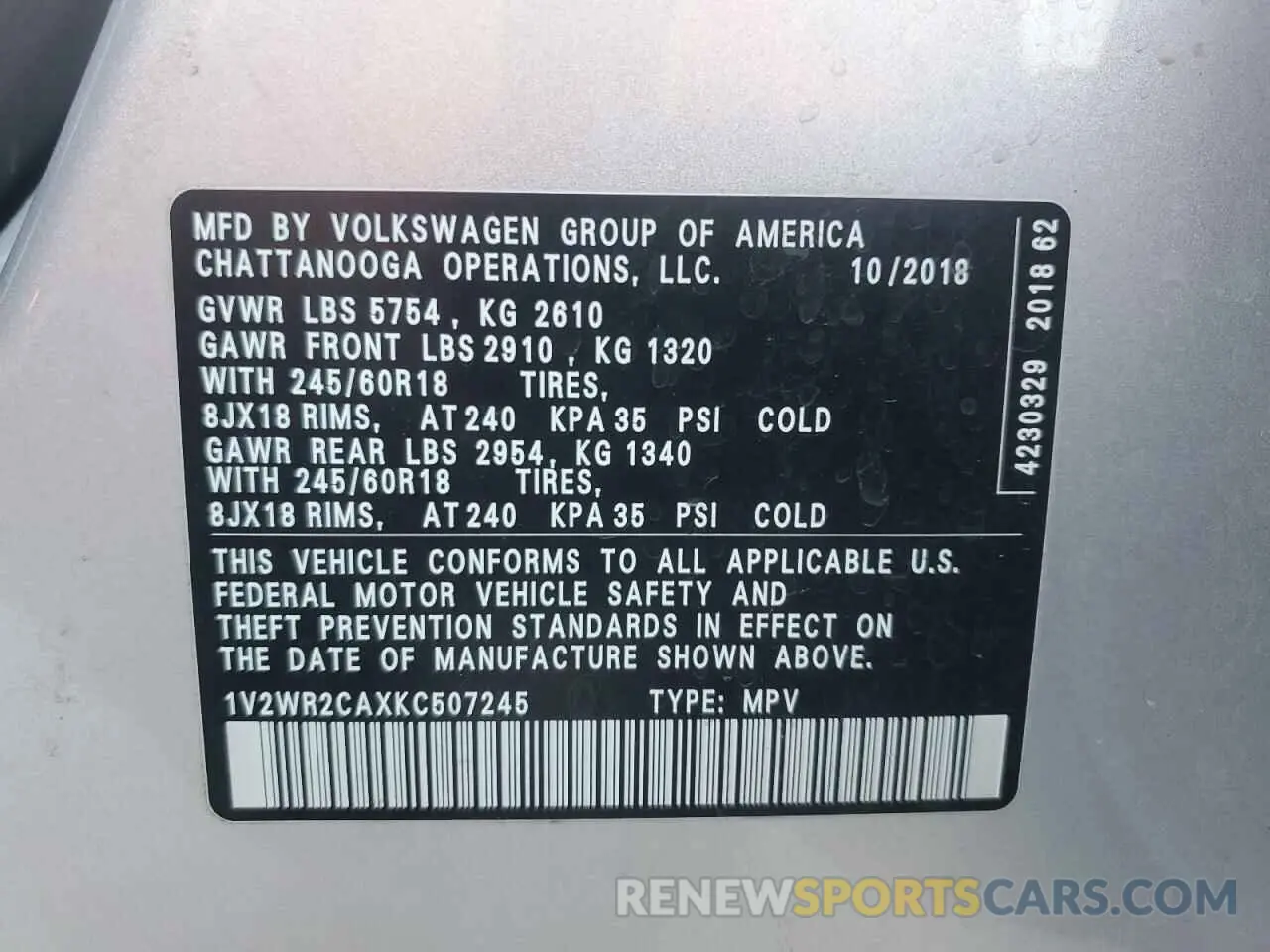 14 Photograph of a damaged car 1V2WR2CAXKC507245 VOLKSWAGEN ATLAS 2019