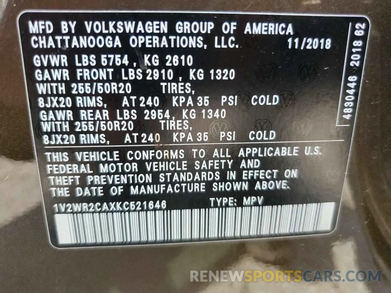 14 Photograph of a damaged car 1V2WR2CAXKC521646 VOLKSWAGEN ATLAS 2019