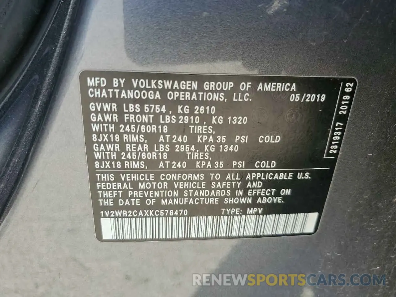 14 Photograph of a damaged car 1V2WR2CAXKC576470 VOLKSWAGEN ATLAS 2019