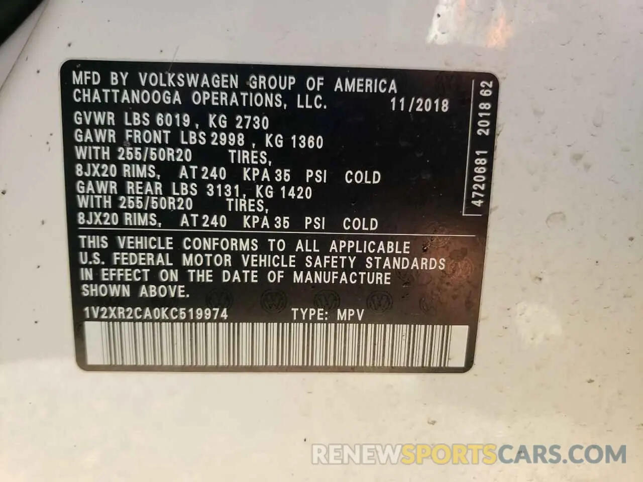 12 Photograph of a damaged car 1V2XR2CA0KC519974 VOLKSWAGEN ATLAS 2019