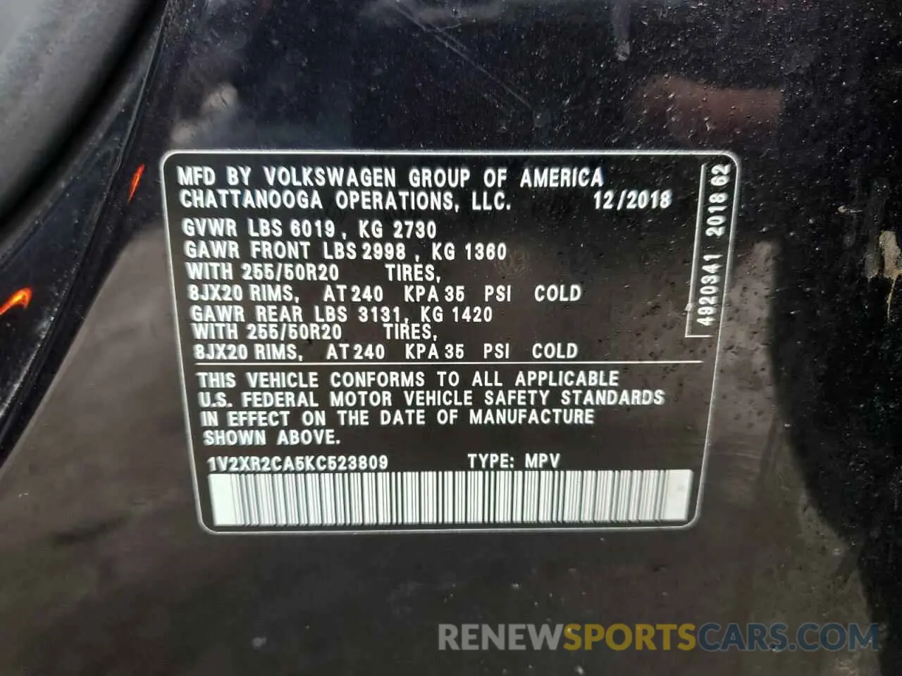 13 Photograph of a damaged car 1V2XR2CA5KC523809 VOLKSWAGEN ATLAS 2019