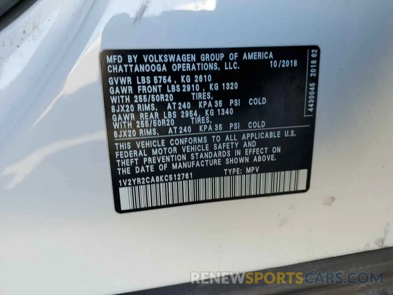 13 Photograph of a damaged car 1V2YR2CA8KC512761 VOLKSWAGEN ATLAS 2019