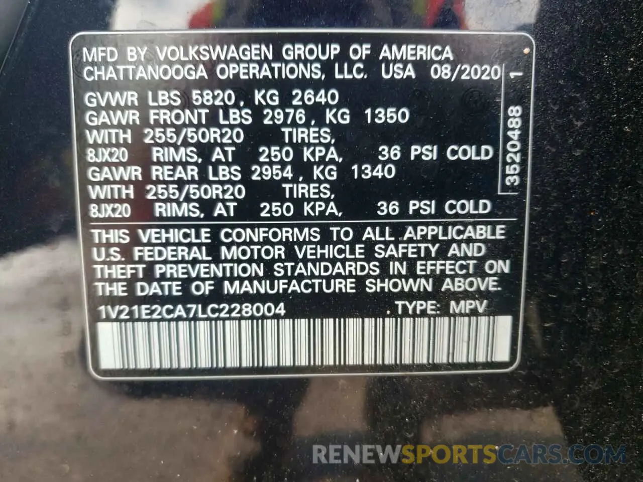 14 Photograph of a damaged car 1V21E2CA7LC228004 VOLKSWAGEN ATLAS 2020