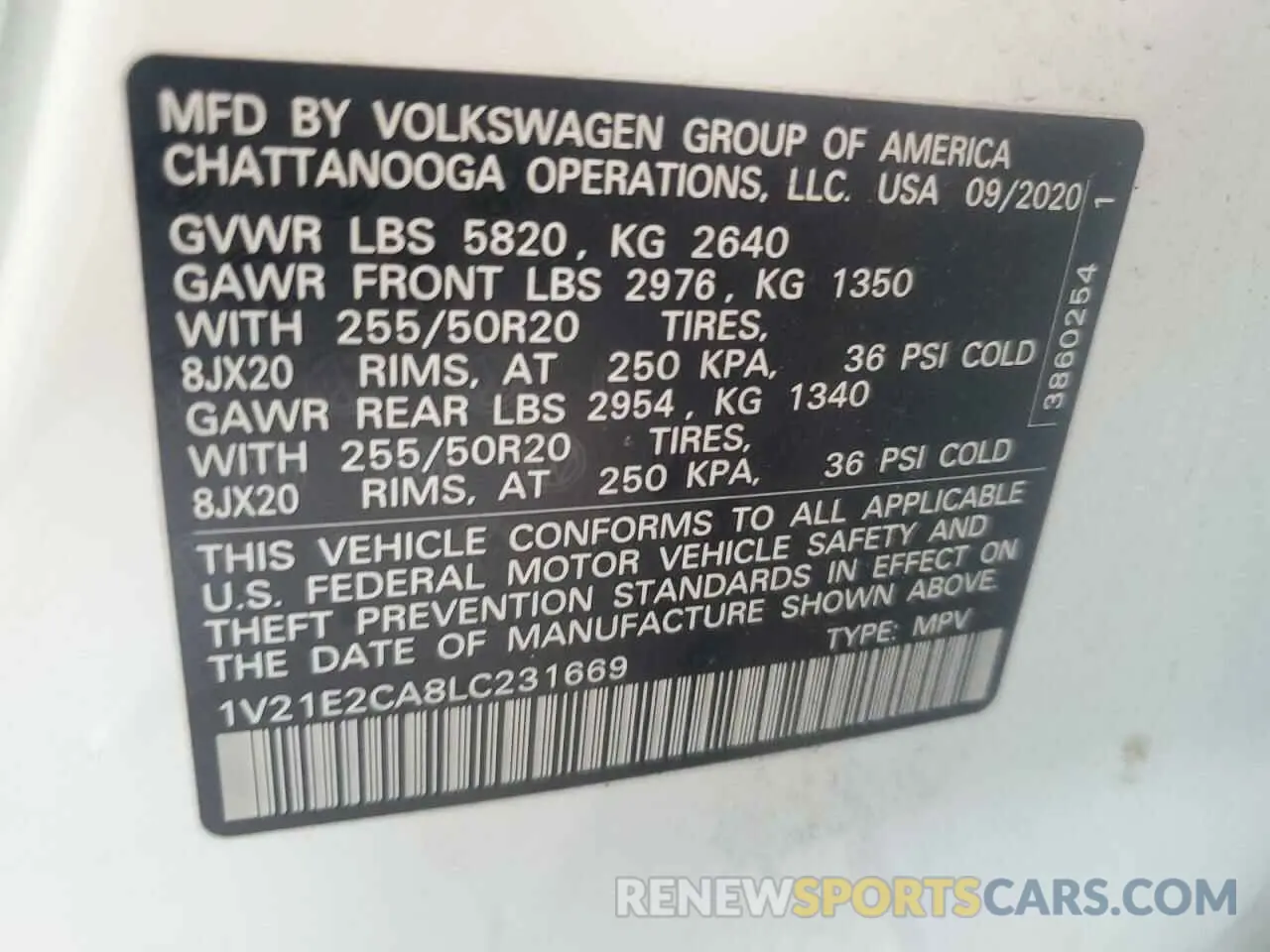 13 Photograph of a damaged car 1V21E2CA8LC231669 VOLKSWAGEN ATLAS 2020
