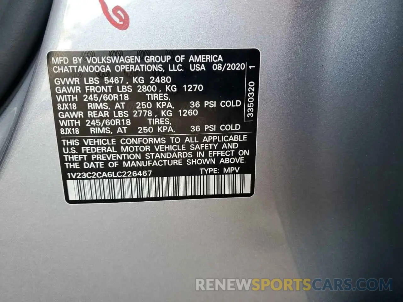 14 Photograph of a damaged car 1V23C2CA6LC226467 VOLKSWAGEN ATLAS 2020