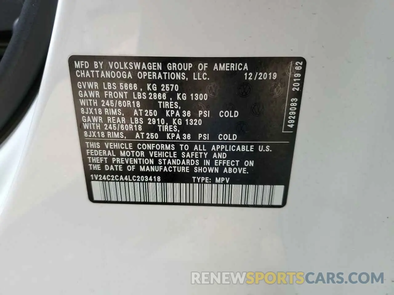 13 Photograph of a damaged car 1V24C2CA4LC203418 VOLKSWAGEN ATLAS 2020
