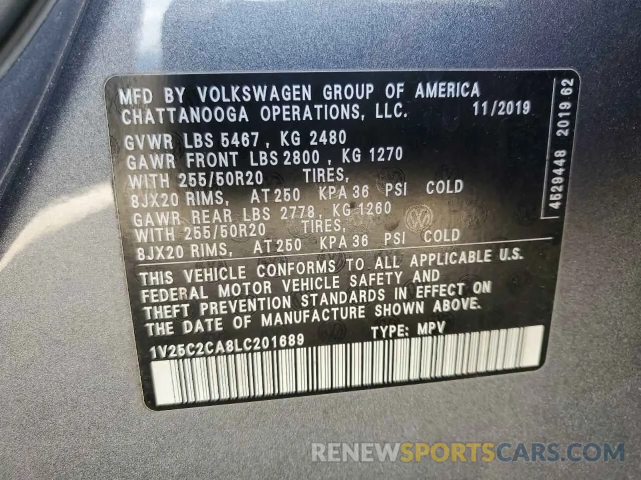 13 Photograph of a damaged car 1V25C2CA8LC201689 VOLKSWAGEN ATLAS 2020