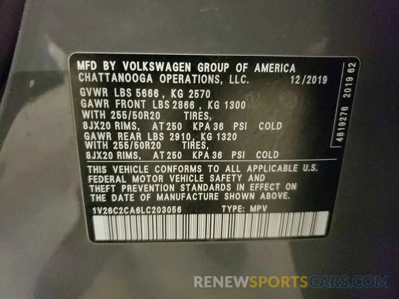 13 Photograph of a damaged car 1V26C2CA6LC203056 VOLKSWAGEN ATLAS 2020