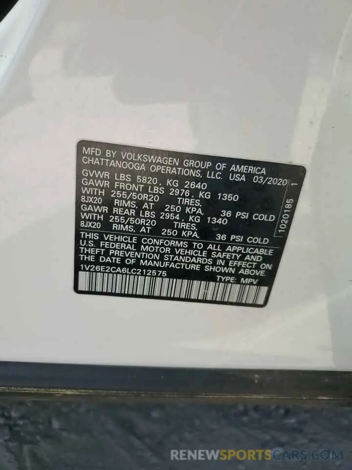 13 Photograph of a damaged car 1V26E2CA6LC212575 VOLKSWAGEN ATLAS 2020