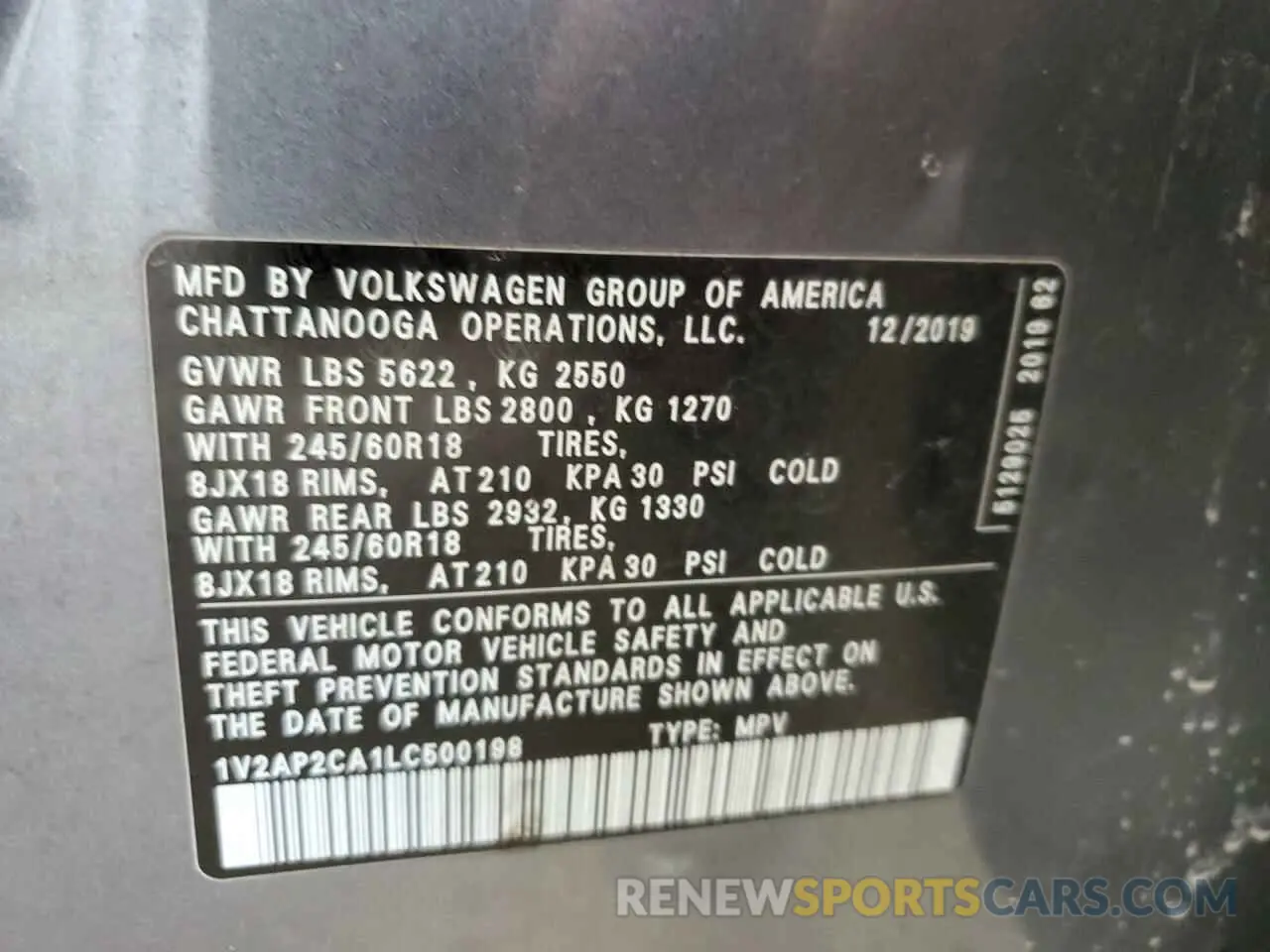12 Photograph of a damaged car 1V2AP2CA1LC500198 VOLKSWAGEN ATLAS 2020