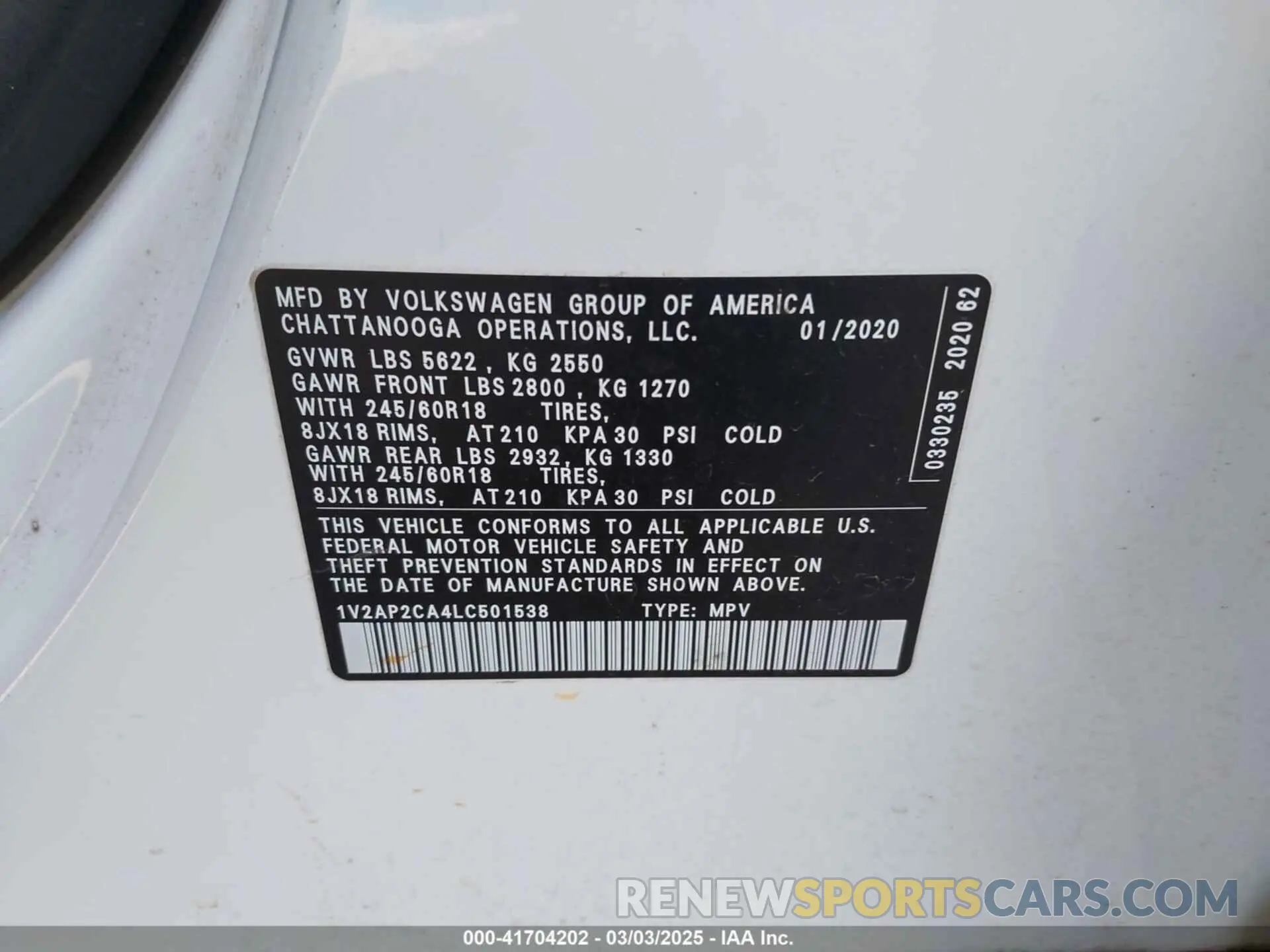 9 Photograph of a damaged car 1V2AP2CA4LC501538 VOLKSWAGEN ATLAS 2020