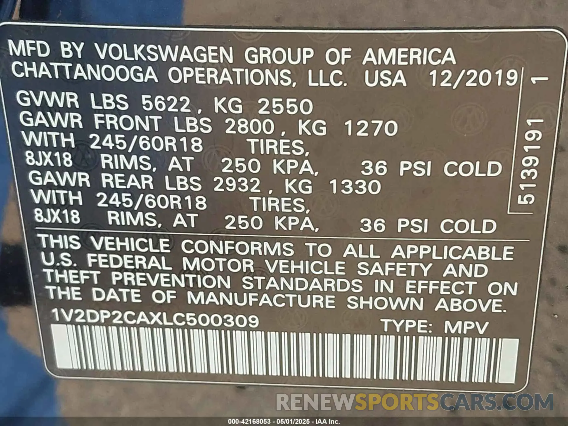 9 Photograph of a damaged car 1V2DP2CAXLC500309 VOLKSWAGEN ATLAS 2020