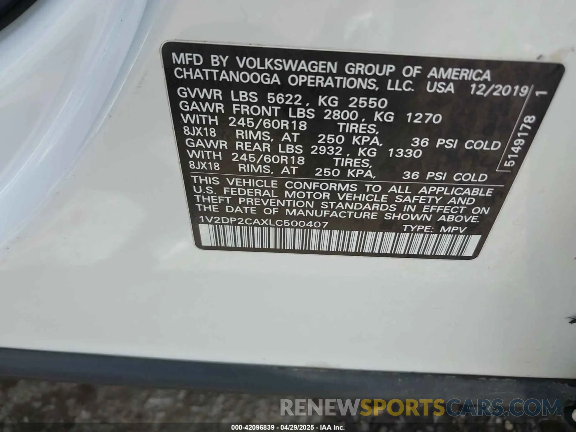 9 Photograph of a damaged car 1V2DP2CAXLC500407 VOLKSWAGEN ATLAS 2020